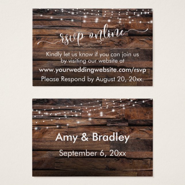 Rustic Wood & Lights Wedding RSVP Online Inserts (Front & Back)