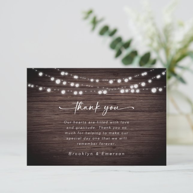Rustic Wood Lights Wedding Thank You Card (Standing Front)
