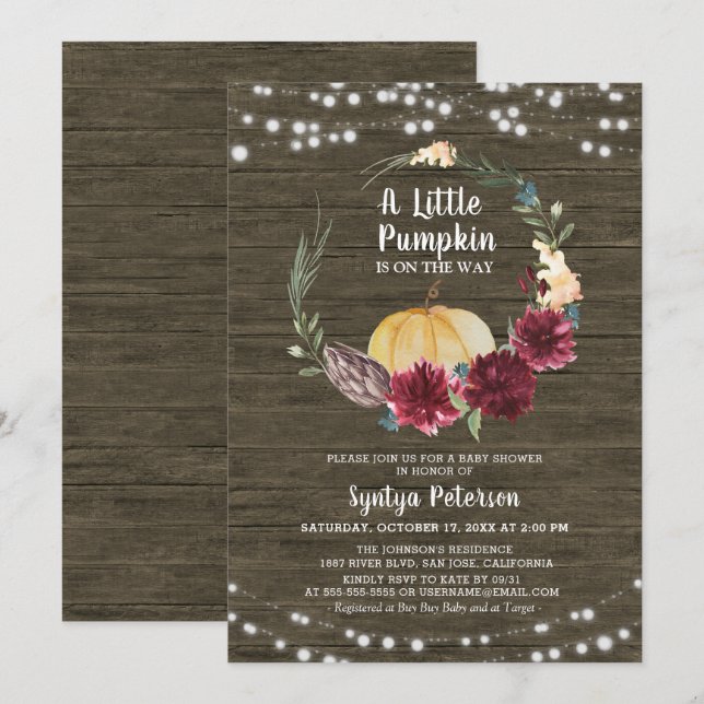 Rustic Wood Little Pumpkin Baby Shower Invitation (Front/Back)