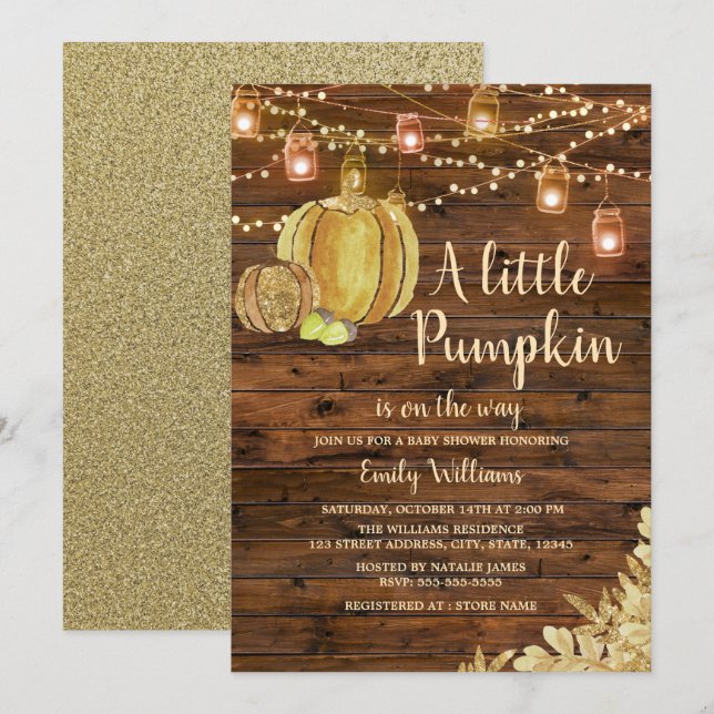 Rustic Wood Little Pumpkin Fall Baby Shower Invitation (Front/Back)