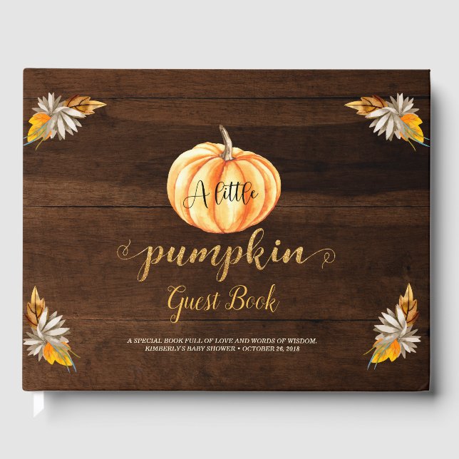Rustic Wood Little Pumpkin Orange Baby Shower Guest Book (Front)