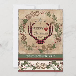 Rustic Wood Lodge Christmas Deer Antler Typography Holiday Card