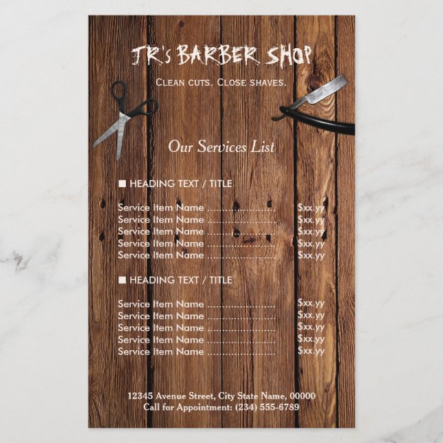 Rustic Wood Look Barber Shop Services Price List Flyer (Front)