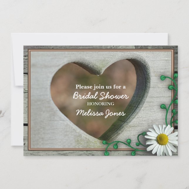 Rustic Wood-look heart & daisy Bridal shower Invitation (Front)