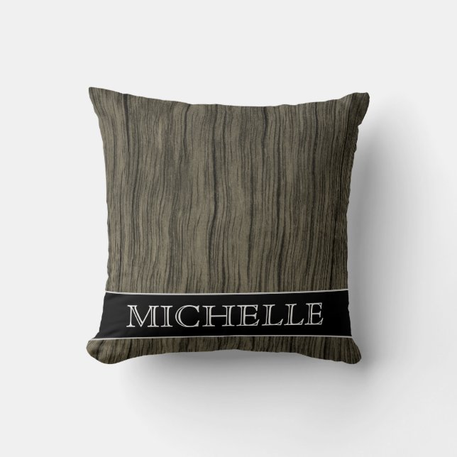 Rustic Wood Look Pattern + Custom Name Pillow (Front)