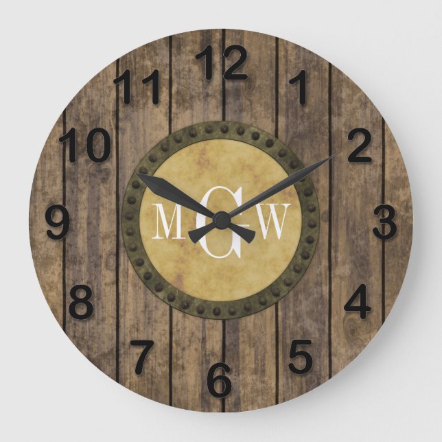 Rustic Wood Look Planks #1 Steampunk 3 Monogram Large Clock (Front)
