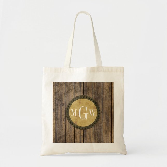 Rustic Wood Look Planks #1 Steampunk 3 Monogram Tote Bag (Front)