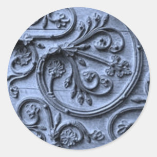 Rustic Wood Look Scroll Pattern on Blue Background Classic Round Sticker