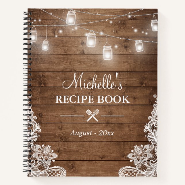 Rustic Wood Look String Lights Lace Recipe Book (Front)