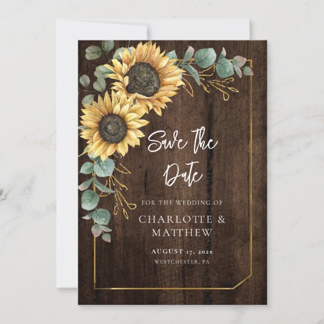 Rustic Wood Look Sunflower Greenery Save The Date (Front)