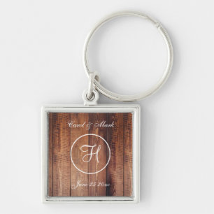 Rustic Wood Look Wedding Monogram Key Ring