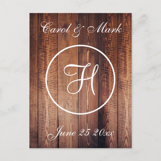 Rustic Wood Look Wedding Monogram Postcard (Front)