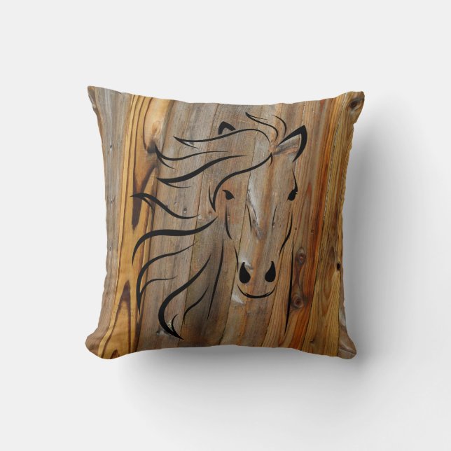 Rustic Wood Look -Wild Horse Head Cushion (Front)