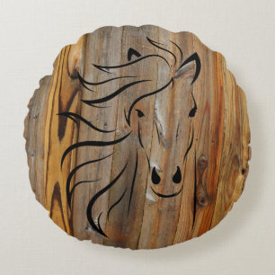 Rustic Wood Look -Wild Horse Head Round Cushion