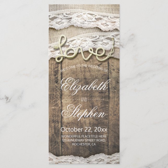 Rustic Wood Love Rope Burlap Lace Wedding Program Programme (Front)