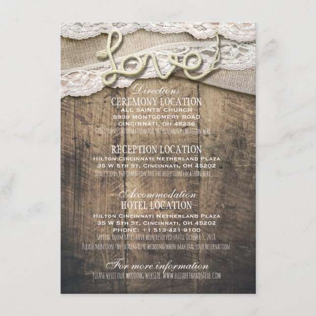 Rustic Wood Love Rope Wedding Details Information Enclosure Card (Front)