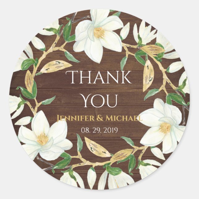 Rustic Wood Magnolia Custom Wedding Classic Round Sticker (Front)