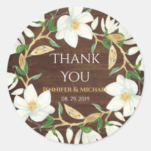 Rustic Wood Magnolia Custom Wedding Classic Round Sticker