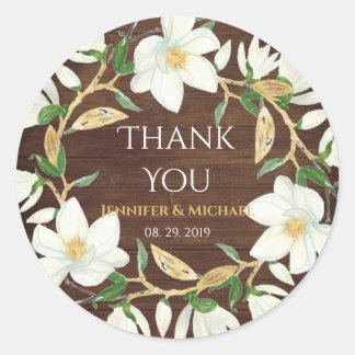 Rustic Wood Magnolia Custom Wedding Classic Round Sticker