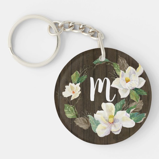 Rustic Wood Magnolia  Farmhouse Floral Watercolor Key Ring (Front)