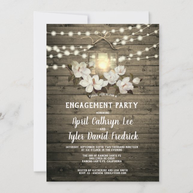 Rustic Wood Magnolia Lantern Lights Engagement Invitation (Front)