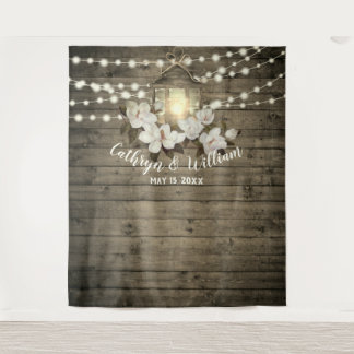 Rustic Wood Magnolia Lantern String Lights Wedding Tapestry