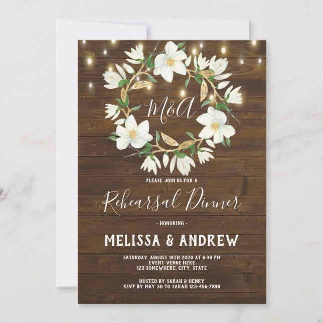 Rustic Wood Magnolia Lights Rehearsal Dinner Invitation (Front)