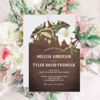 Rustic Wood Magnolia Lights Southern Wedding Invitation