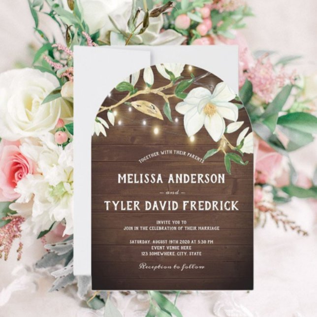 Rustic Wood Magnolia Lights Southern Wedding Invitation (Creator Uploaded)