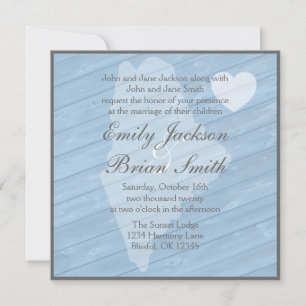 Rustic wood Maine blue wedding invitations