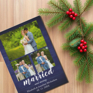 Rustic Wood Married and Merry Photo Collage Holiday Card