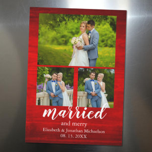 Rustic Wood Married and Merry Photo Collage Magnet