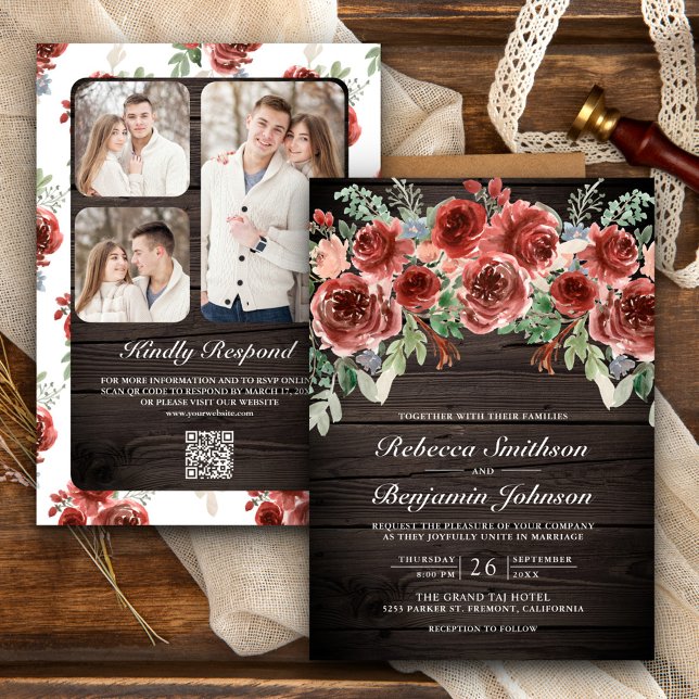 Rustic Wood Marsala Floral Photo QR Code Wedding Invitation (Creator Uploaded)