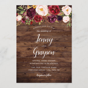 Rustic Wood Marsala Floral Wedding Invitation