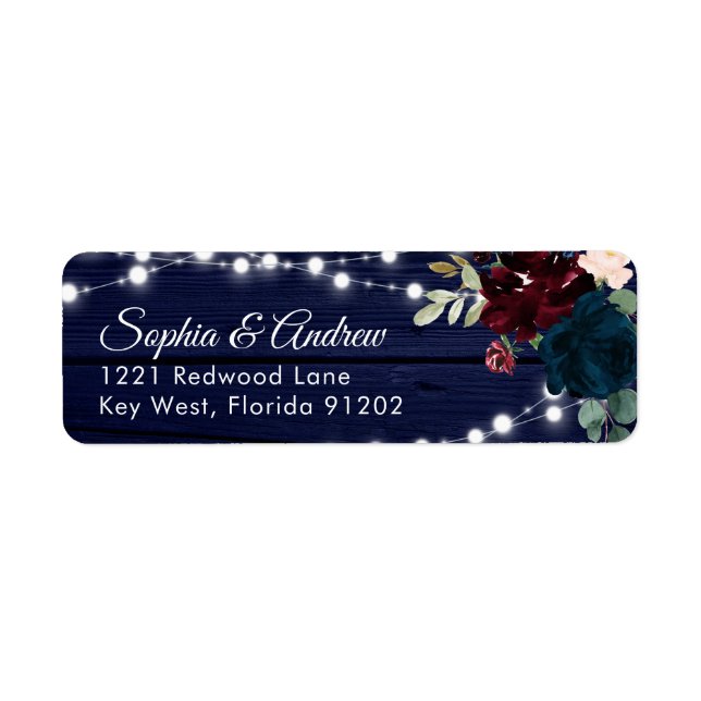 Rustic Wood Marsala & Navy Blue Flowers Address (Front)