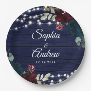 Rustic Wood Marsala & Navy Blue Flowers Paper Plate