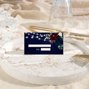Rustic Wood Marsala & Navy Blue Flowers  Place Card