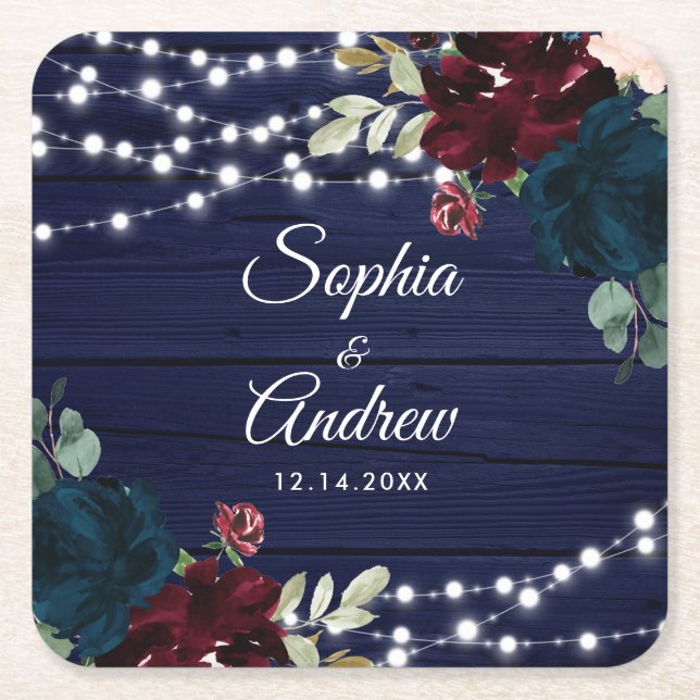 Rustic Wood Marsala & Navy Blue Flowers Square Paper Coaster (Front)