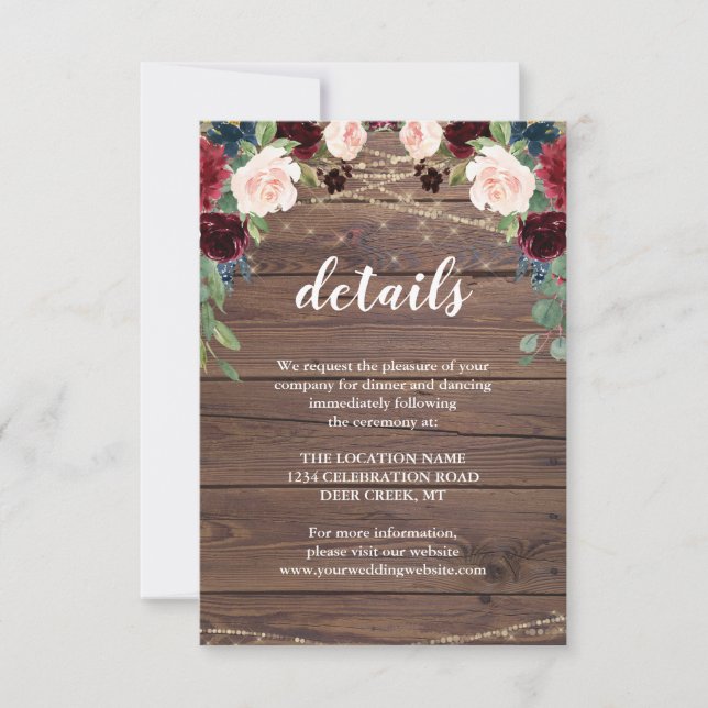Rustic Wood Marsala Wedding Reception Details Invitation (Front)