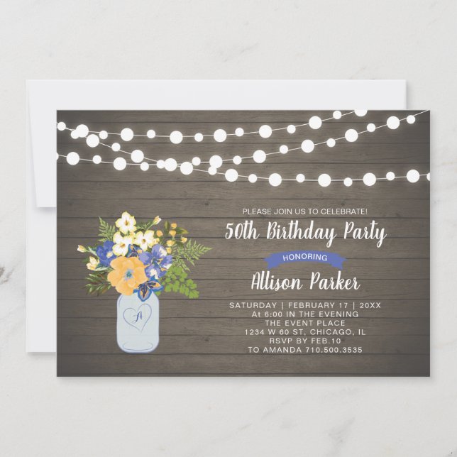 Rustic Wood & Mason Jar 50th Birthday Invitation (Front)