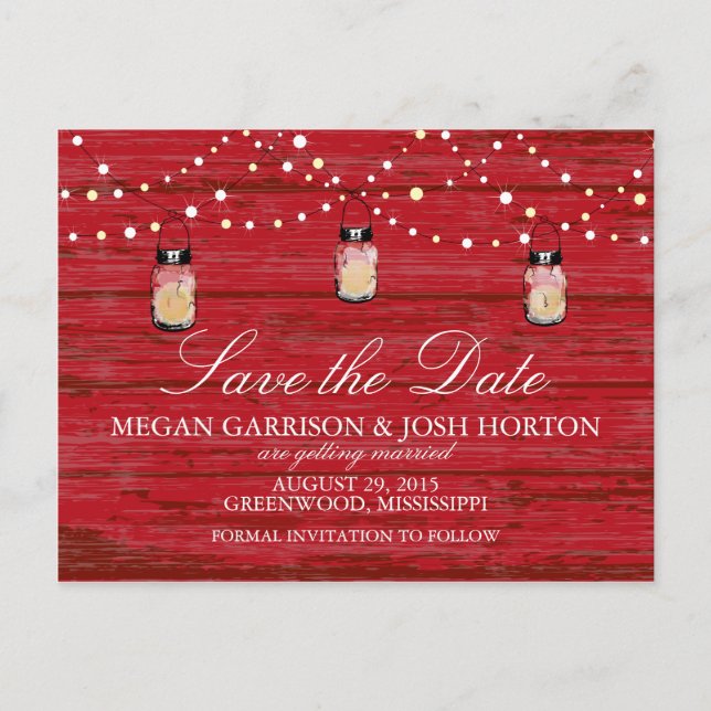 Rustic Wood Mason Jar and Lights Save the Date Announcement Postcard (Front)