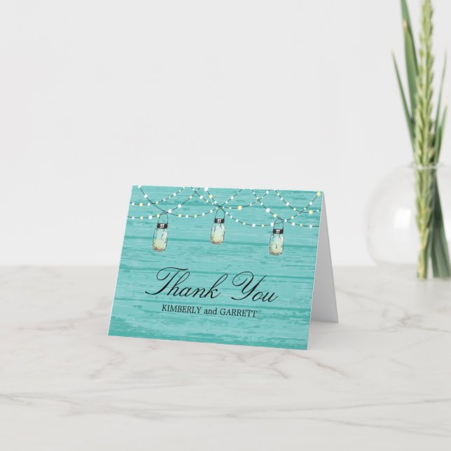 Rustic Wood Mason Jar and Lights Thank You Card (Front)