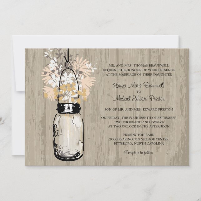 Rustic Wood Mason Jar and Wildflowers Wedding Invitation (Front)