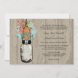 Rustic Wood Mason Jar and Wildflowers Wedding Invitation