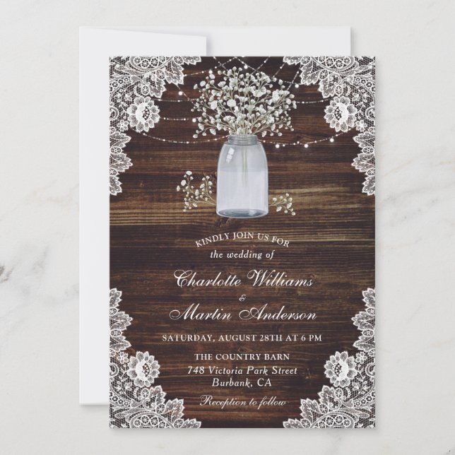 Rustic Wood Mason Jar Baby's Breath Wedding Invitation (Front)