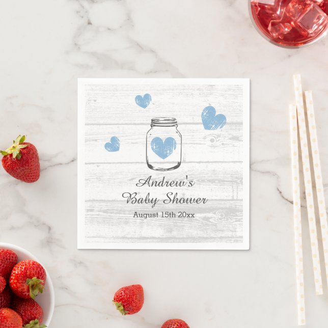 Rustic wood mason jar boy's baby shower party napkin (Insitu)