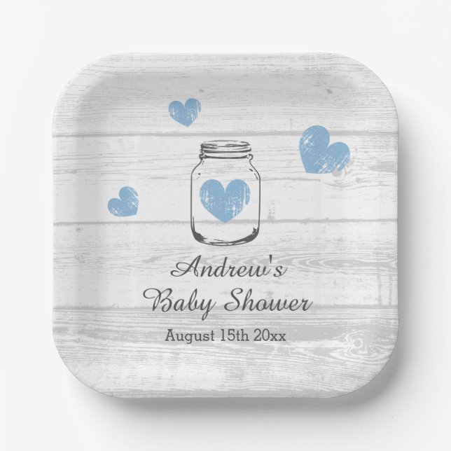 Rustic wood mason jar boy's baby shower party paper plate (Front)