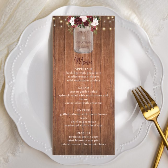 Rustic Wood Mason Jar Burgundy Floral Wedding Menu (Creator Uploaded)