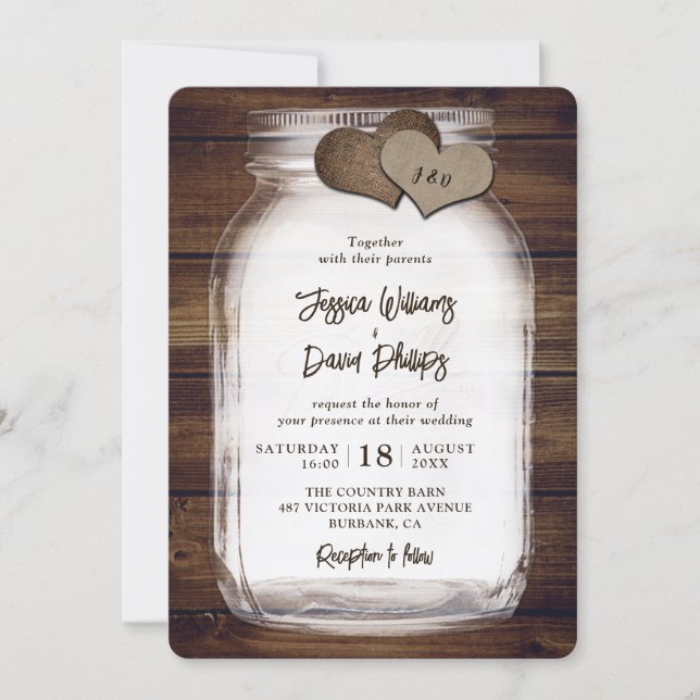 Rustic Wood Mason Jar Burlap Hearts Wedding Invitation (Front)