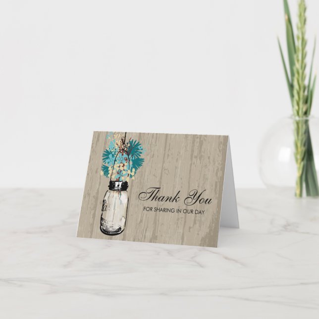 Rustic Wood Mason Jar filled with Wildflowers Thank You Card (Front)